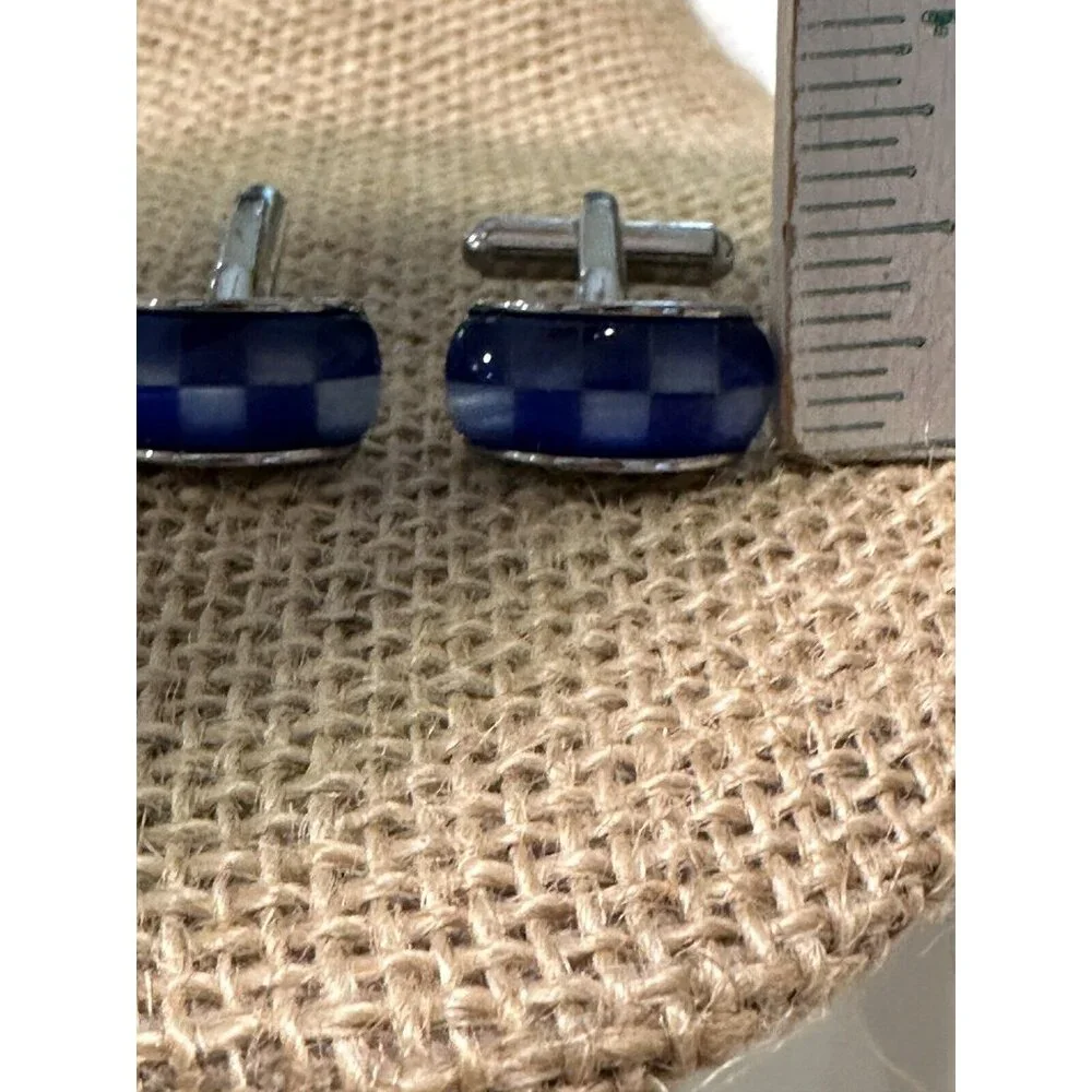 Men’s Silver Tone Blue Checkered Checkerboard Formal Wedding Racing